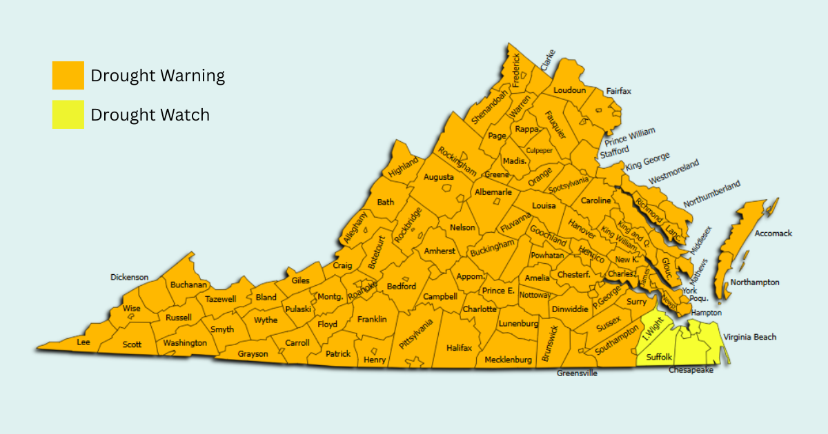 Map showing that most of Virginia is under a Drought Warning Advisory.